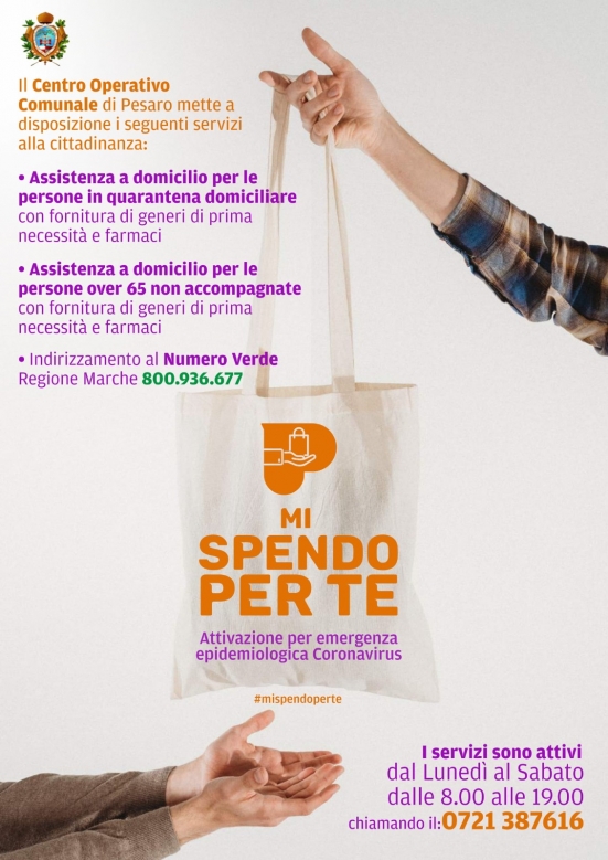 Comune di Pesaro, con "Mi spendo per te" generi di prima necessità e farmaci alle persone in quarantena o over 65 non accompagnate