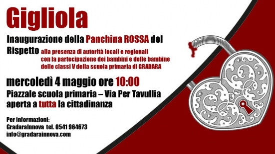 Mercoledì 4 maggio alle 10:00 a Gradara verrà inaugurata la Panchina Rossa del Rispetto