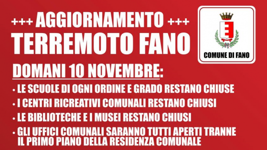 Il sindaco Seri: "Domani 10 novembre a Fano scuole, biblioteche, musei e centri ricreativi comunali chiusi"