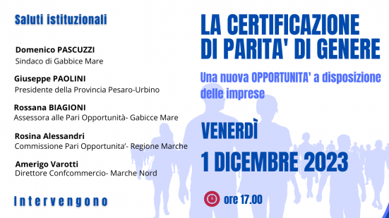 Al Mississippi di Gabicce Mare venerdì 1 dicembre il seminario "La Certificazione di Parità di Genere"