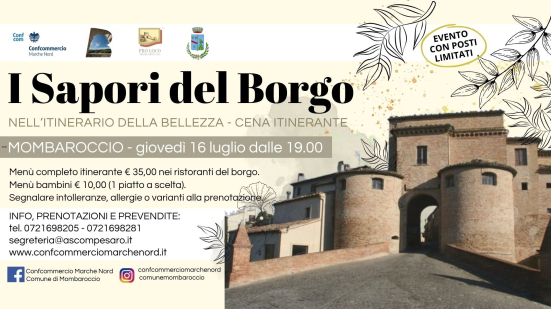 I Sapori del Borgo a Mombaroccio: il 16 luglio torna la cena itinerante tra gusto, vini e panorama